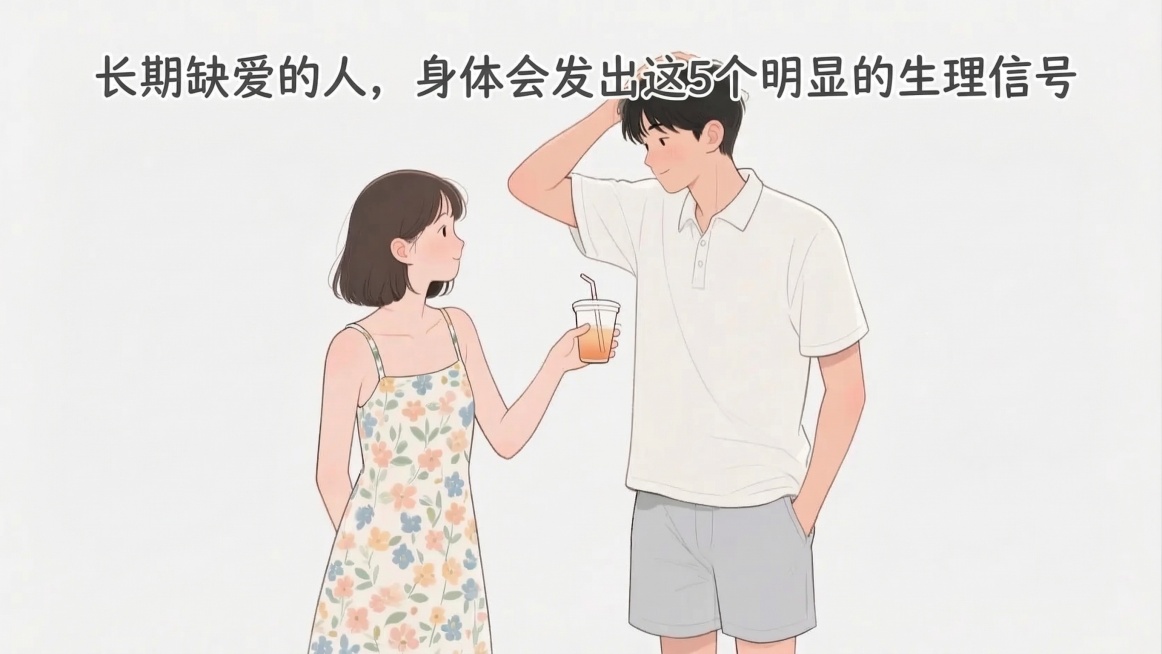 在图片的上方空白位置添加文字“长期缺爱的人，身体会发出这5个明显的生理信号”，字体清晰易读，和整体插画风格适配，不遮挡原有画面人物预览效果