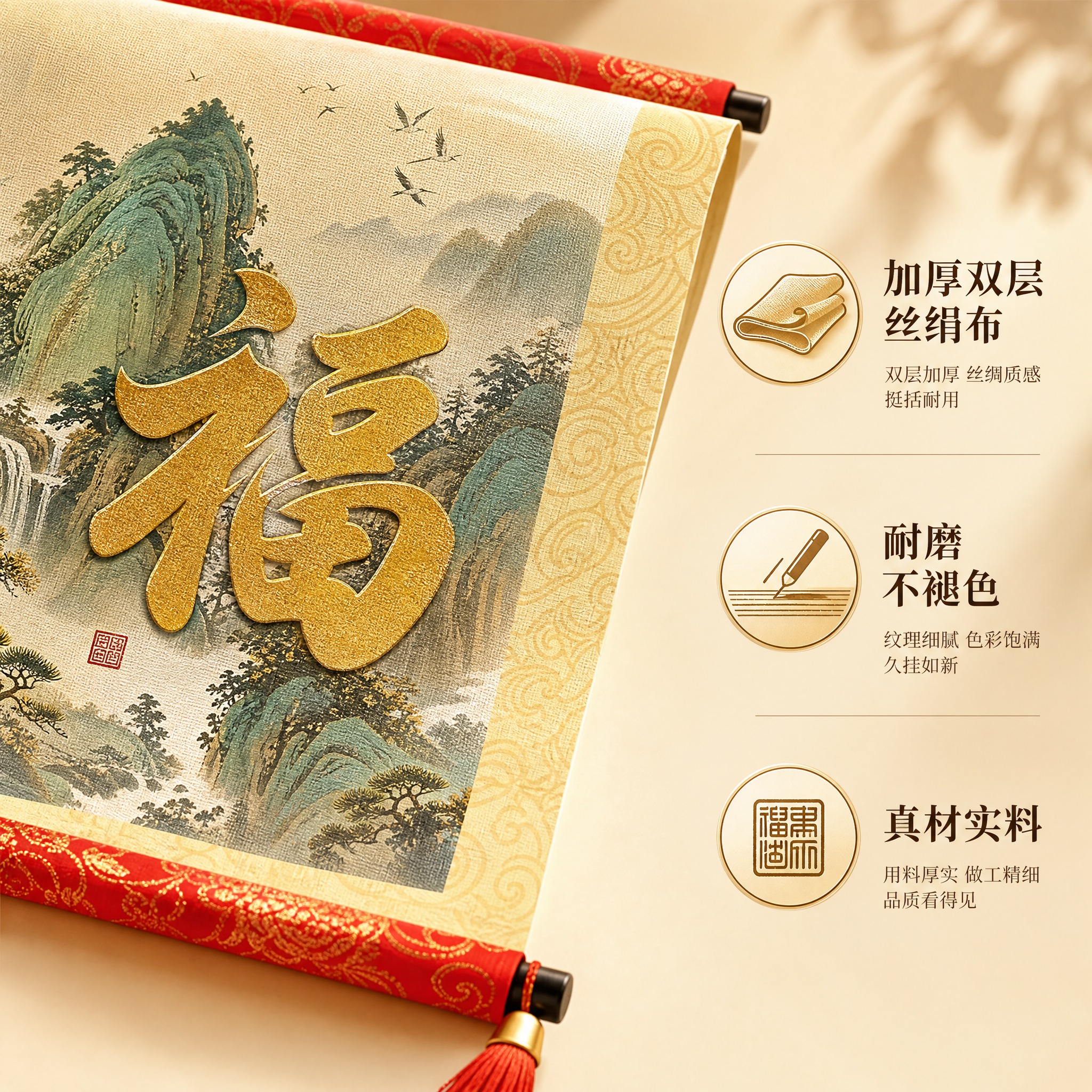 [主图-2] 山水福字书法卷轴挂画 材质卖点细节图。 [统一基… - 图片创意预览