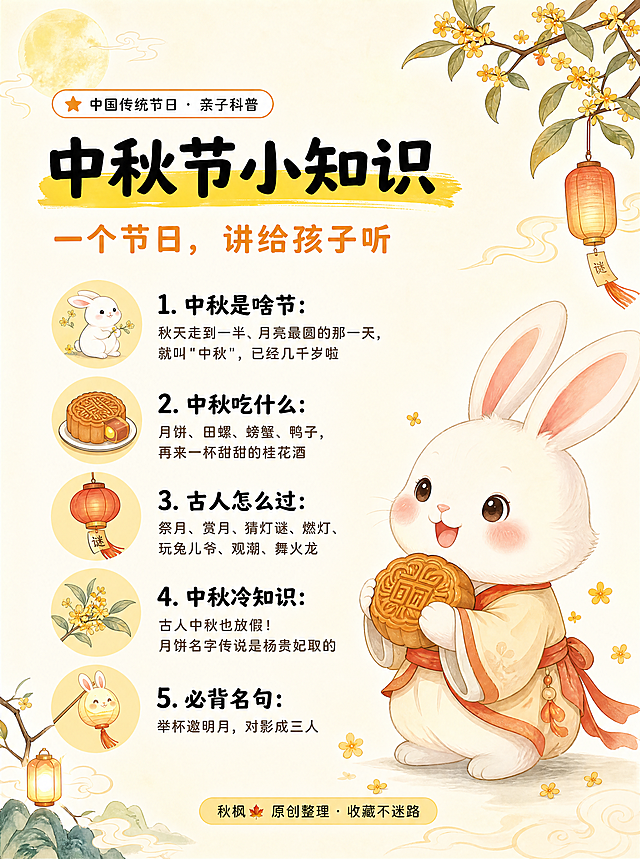 小红书亲子科普信息图封面，中秋节主题，3:4竖版，超高清，留白充足、排版宽松透气，儿童绘本风+稿定模板风，亲子科普风，层级清晰，中文清晰无错字，对齐工整。背景：米白宣纸质感#FBF6EC到浅暖黄#F7EDD8柔和渐变，四角点缀极淡的圆月、桂花枝、灯笼、流云国风小装饰。标题区：顶部左侧一个白色橙描边小胶囊标签（kicker）带星标文字「中国传统节日 · 亲子科普」；其下黑字大号加粗标题「中秋节小知识」，文字底下压一块明黄#F7C948马克笔刷色块；再下桂花橙#E8912D加粗副标题「一个节日，讲给孩子听」。标题区四周大量留白。主体：中部为五个松散板块，板块之间留出明显空隙，不塞紧凑大卡、不加重阴影；每板块=一个圆形浅黄底Q版小图标（玉兔/月饼/灯笼/桂花/兔子灯）+ 黑色加粗小标题 + 深棕#4A3F35两行内说明，字号偏大、行距宽松。五个板块依次为：1. 中秋是啥节：秋天走到一半、月亮最圆的那一天，就叫"中秋"，已经几千岁啦｜图标：玉兔。2. 中秋吃什么：月饼、田螺、螃蟹、鸭子，再来一杯甜甜的桂花酒｜图标：月饼。3. 古人怎么过：祭月、赏月、猜灯谜、燃灯、玩兔儿爷、观潮、舞火龙｜图标：灯笼。4. 中秋冷知识：古人中秋也放假！月饼名字传说是杨贵妃取的｜图标：桂花。5. 必背名句：举杯邀明月，对影成三人｜图标：兔子灯。右侧或角落画一只大号国风Q版白胖玉兔（腮红、怀抱月饼）作主视觉插画，儿童插画风，低饱和暖色，平涂。页脚：居中浅黄胶囊「秋枫🍁 原创整理 · 收藏不迷路」。整体色调：米白+暖黄+桂花橙+一点中秋红，亲子科普风，层级清晰，留白充足，中文清晰无错字，对齐工整。画质：高清细腻，信息层级清晰，文字完整处于安全区内不可裁切，四周留安全边距。