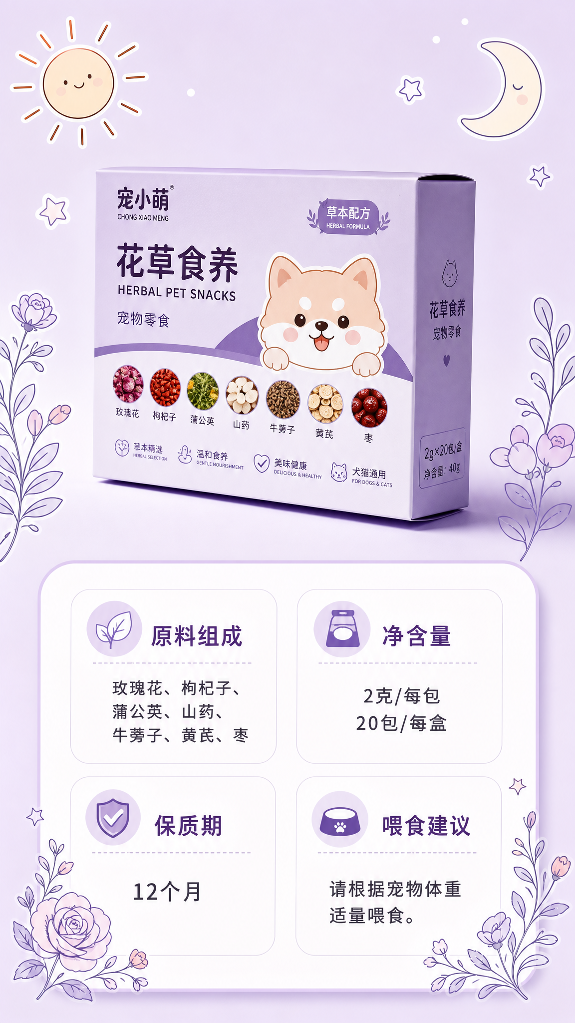 详情页产品信息卡，宠物零食规格信息图。淡紫色背景。上方产品包装… - 图片创意预览