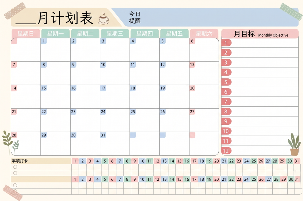 基于这张月计划表表格，重新设计成清新简约的ins风格，保留所有表格结构和文字内容：月计划表、周日到周六的日期栏、12个月月目标栏、31天事项打卡栏，更换配色和设计风格预览效果