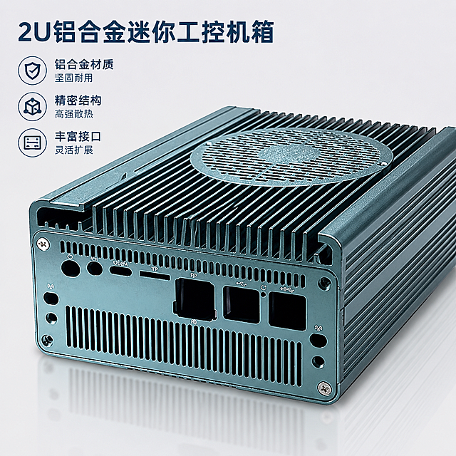 2U铝合金迷你工控机箱，特写展示丰富的接口开孔和精密结构，体现结构稳固的卖点，工厂实力风格，适配B2B采购平台，简洁背景，主图构图，1:1尺寸