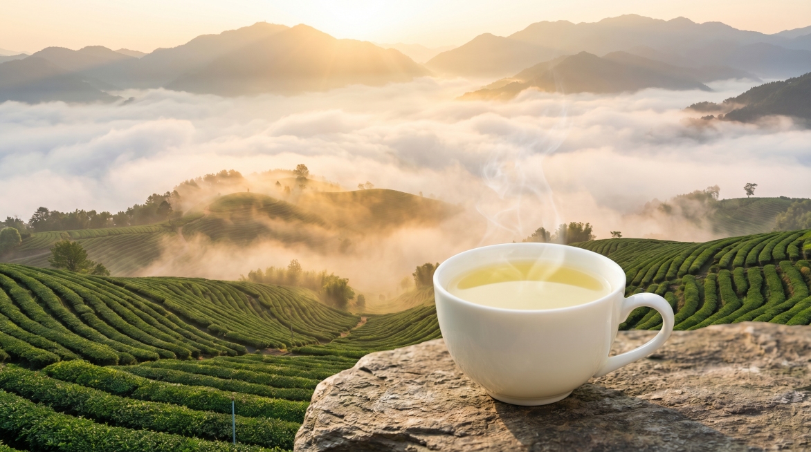 折页封面图，前景是一杯盛好的黄茶茶汤，背景是壮阔高山茶园全景。自然清晨阳光，雾气缭绕在山谷茶园间，层次感强，治愈开阔氛围。商业摄影质感，光线通透，画面干净高级，不添加任何文字文案。前景白瓷茶杯放在茶山预览效果