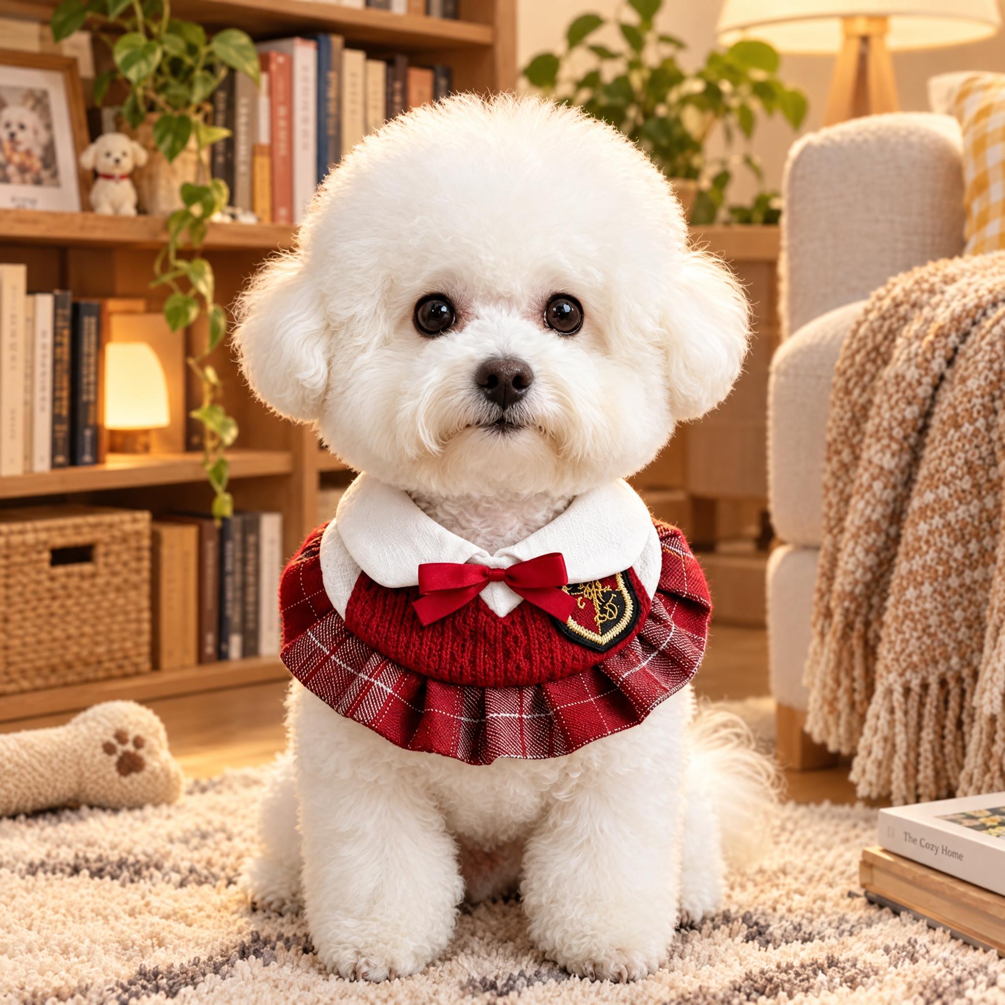一只可爱的白色卷毛比熊犬，正坐着看向镜头，脖子上佩戴着学院风红… - 图片创意预览