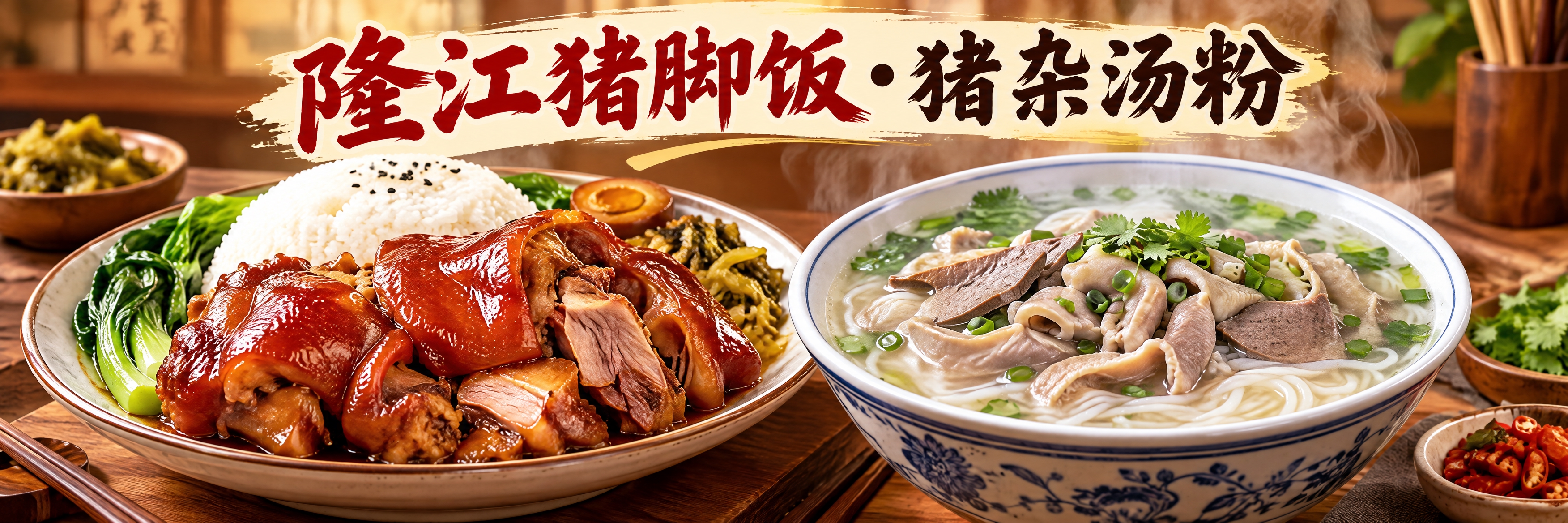 隆江猪脚饭猪杂汤粉店铺海报设计，宽幅横版构图。画面展示丰盛的隆… - 图片创意预览