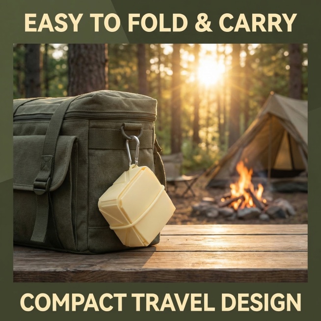 严格保持原浅黄色折叠硅胶宠物随行碗产品主体物理结构不变，不切割不变形，1:1完整保留原图产品。展示折叠状态的产品挂在露营包上，背景为森林户外营地，黄金时刻逆光，军绿色和原木色调，商业摄影，真实质感，高预览效果