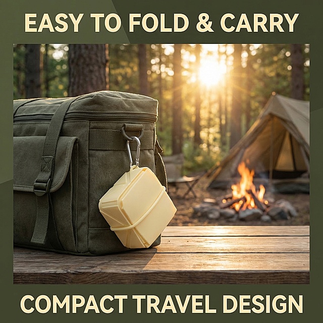 严格保持原浅黄色折叠硅胶宠物随行碗产品主体物理结构不变，不切割不变形，1:1完整保留原图产品。展示折叠状态的产品挂在露营包上，背景为森林户外营地，黄金时刻逆光，军绿色和原木色调，商业摄影，真实质感，高对比度。切片视觉设计背景和版式，产品不切片。添加英文文案"EASY TO FOLD & CARRY" "COMPACT TRAVEL DESIGN"，字体清晰突出。单张仅展示一个产品，拒绝纯白背景，有清晰视觉层次和户外氛围感。保持产品原有结构和所有部件完整，柔和漫反射光，3S次表面散射，亲肤高级质感。真实色彩电影级调色，前中后景层次分明，三分法构图，光斑氛围。
