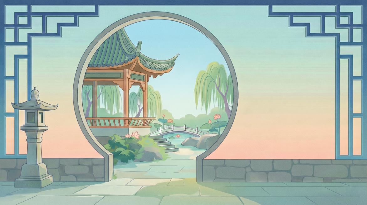 参考图一的插画画风，对图二进行重新绘制，保留图二的园林场景和构图结构，使用图一的噪点扁平插画风格进行改造预览效果