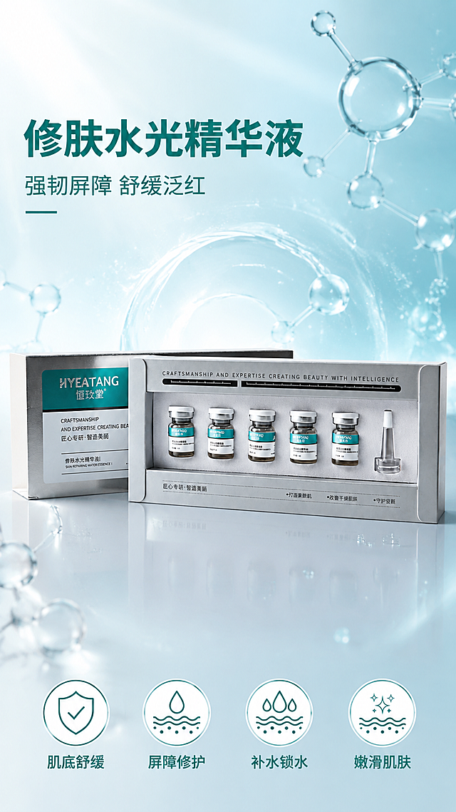 [第1张] 详情页头图主视觉-恒玫堂PDRN修肤水光精华液产品全貌海报。本张使用【图1】作为商品主体，保持银色包装盒、5支小安瓶精华、滴管配件的外观结构、颜色、材质、品牌文字与输入图完全一致。
[氛围/风格] 高级医美修护风，水光通透质感，色彩光亮，科技感与温润护肤氛围结合，商业摄影级质感。
[元素布局] 产品套装（外盒+内盒5支安瓶+滴管）置于画面中下偏右，占比约55%；背景为浅青蓝到水蓝的渐变水光氛围，漂浮透明水分子、微光粒子、淡蓝色波纹光晕；左上角留标题区，底部4个圆形利益icon横排；台面为浅灰色哑光质感，带柔和倒影。产品物理结构、比例轮廓、银灰包装、青绿色标签色号与输入图一致。
[光影质感] 左上柔光主光，右侧辅光提亮瓶身，底部柔和投影，瓶身玻璃质感通透带高光，整体明亮清透。
[配色色系] 全局底色渐变 #E8F6F8 到 #D4ECEF；主色青绿色 #2A9D8F；辅助色银灰、白色；点缀色浅金。
[视角构图] 正面微仰视，产品为视觉中心，阅读动线左上标题→中部产品→底部icon。
[文字版式] 左上主标题「修肤水光精华液」，副标题「强韧屏障 舒缓泛红」，青绿色粗黑体；底部4个圆形icon分别标注「肌底舒缓」「屏障修护」「补水锁水」「嫩滑肌肤」，白色底青绿色图标与文字；文字不遮挡产品主体。
[比例分辨率] 9:16竖版，4K分辨率，文字清晰可读，高清画质。
[负向提示词] 产品变形，缺件错件，颜色偏差，包装文字错乱，水印，文字过小，背景杂乱，优惠信息，价格标签。