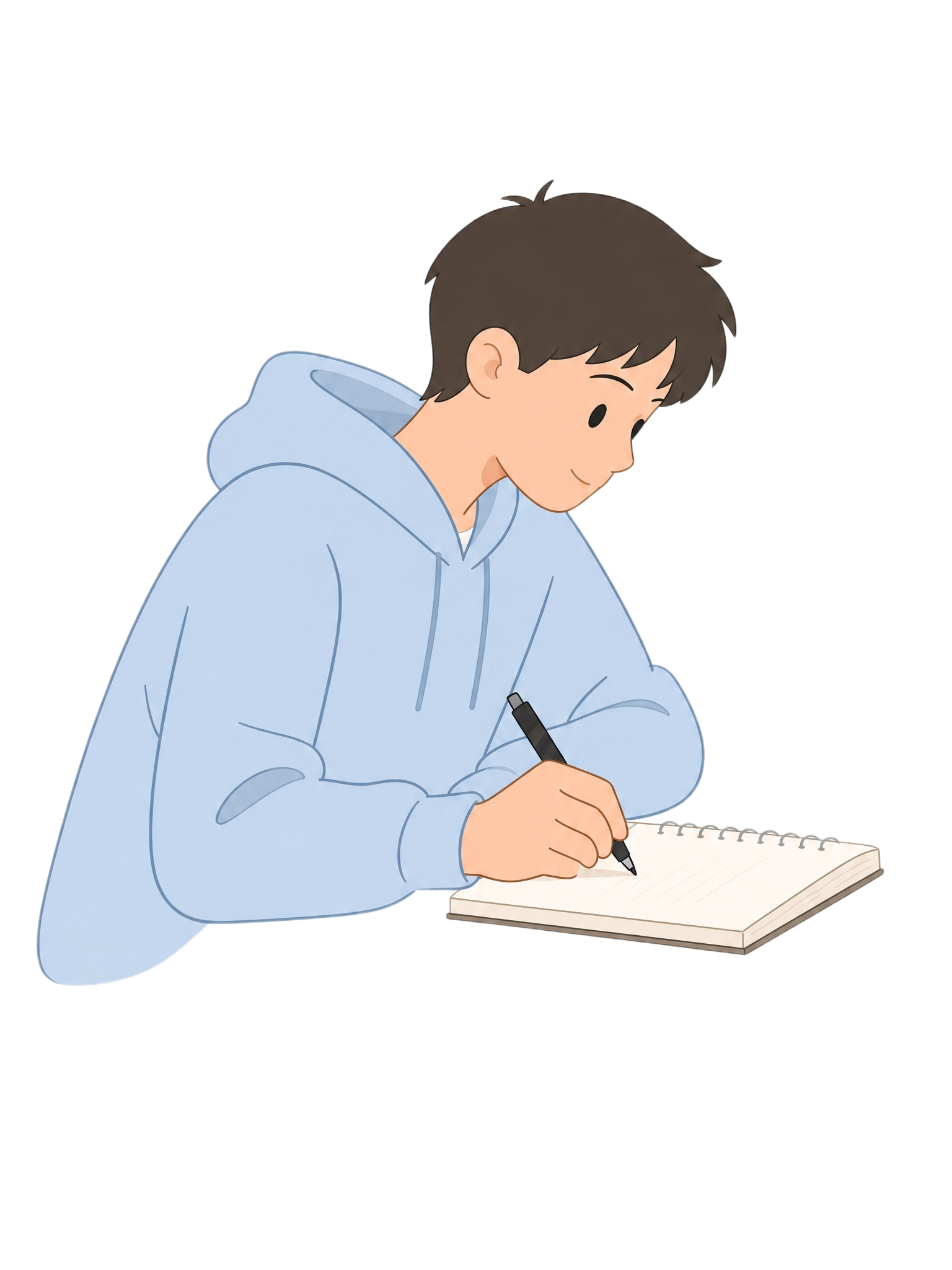 从这张图中精细抠取出主体大学生人物（穿浅蓝色连帽衫写字的男生）… - 图片创意预览
