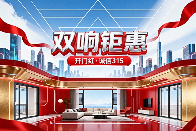 电商双响钜惠海报，现代科技感城市天际线背景，蓝白渐变天空搭配几何线条与红色飘带，前景是红金撞色的未来感客厅，嵌入现代极简门窗产品，主标题为立体金属质感红白色艺术字“双响钜惠”，下方红色标签标注“开门红·诚信315”，整体风格科技感与促销感兼具，视觉冲击力强，高清细节丰富。