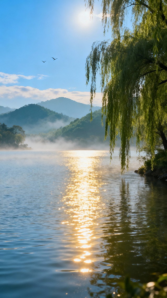 古风优美干净的描写"波光粼粼"的山水画波光粼粼，实景，电影感