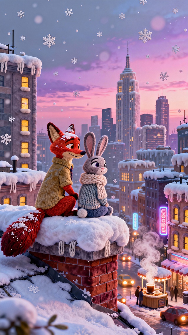 梦幻感与温馨感交织的冬日都市，拟人化狐狸与兔子在雪夜屋顶相依，3D软质卡通风搭配霓虹灯与粒子雪花，营造出浪漫可爱的动漫风格节日氛围。