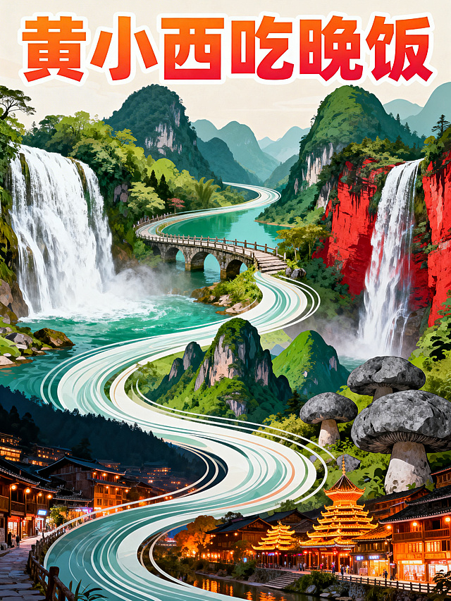 设计一张以'黄小西吃晚饭'为主题的贵州旅游宣传海报，不体现吃饭场景。将贵州六大核心景点黄果树瀑布、小七孔、赤水丹霞大瀑布、万峰林、梵净山、西江千户苗寨的自然与人文景观元素创意拼接融合，画面整体自然和谐，色彩丰富有层次，突出贵州山水风光与民族风情特色，主题文字'黄小西吃晚饭'设计醒目，吸引旅游爱好者，整体设计富有视觉冲击力。参考素材图分别为：黄果树瀑布 https://gd-visitor.dancf.com/tmp02/69b2f095efbf4a7c8f61a5258b6cdf54/e7e4d18ca76f4c1d929db5a1d75cee54.jpg，小七孔 https://gd-visitor.dancf.com/tmp02/69b2f095efbf4a7c8f61a5258b6cdf54/d3e8f1edf1d84fbc8f6925f9dbf660b9.jpg，赤水丹霞大瀑布 https://gd-visitor.dancf.com/tmp02/69b2f095efbf4a7c8f61a5258b6cdf54/5b2b4204016746c7981688287d154e73.jpg，万峰林 https://gd-visitor.dancf.com/tmp02/69b2f095efbf4a7c8f61a5258b6cdf54/4c2eb35f6c9b4d9eb1ccba0ccf3d2259.jpg，梵净山 https://gd-visitor.dancf.com/tmp02/69b2f095efbf4a7c8f61a5258b6cdf54/eb60c3df23824243b38670c3082dabae.jpg，西江千户苗寨夜景 https://gd-visitor.dancf.com/tmp02/69b2f095efbf4a7c8f61a5258b6cdf54/ef53c26397544872bf14fd9dc82288a0.jpg，西江千户苗寨黄昏 https://gd-visitor.dancf.com/tmp02/69b2f095efbf4a7c8f61a5258b6cdf54/4b1afc8452884e43838c3b7be44a769d.jpg