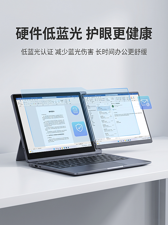 [详情页7 护眼设计] aigo14寸双屏便携显示器低蓝光护眼卖点
[氛围风格] 简约健康科技风
[画质] 高清商业摄影，干净通透
[元素] 产品展开放置在简约桌面，屏幕显示柔和办公画面，添加低蓝光视觉符号点缀，保持产品外观结构和实拍一致，产品占比60%，满屏无边框
[光影] 柔和均匀光线，整体明亮通透
[配色] 深空灰机身，浅蓝护眼元素点缀，浅灰背景，干净舒适
[视角构图] 平视正角度，产品居中
[文字版式] 顶部标题“硬件低蓝光 护眼更健康”深灰粗体；下方说明“低蓝光认证 减少蓝光伤害 长时间办公更舒缓”浅灰小字，文字清晰不遮挡产品
[比例分辨率] 3:4比例，2k分辨率，文字清晰，超高清
[负向提示词] 变形，水印，文字错乱，产品模糊，背景杂乱