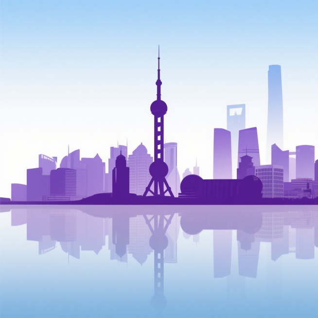 上海城市天际线的极简风格剪影设计，以东方明珠电视塔为显著视觉中心，搭配周边现代化高楼大厦建筑群，整体采用从顶部淡蓝色渐变至底部深紫色的平滑色彩过渡效果，建筑轮廓线条清晰简洁，下方配有完整对称的水面倒影，倒影色彩较本体更为浅淡朦胧，整体构图呈现出宁静、现代且具有都市美感的氛围，背景为纯白色，无任何文字及装饰元素。预览效果