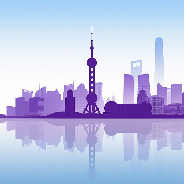 上海城市天际线的极简风格剪影设计，以东方明珠电视塔为显著视觉中心，搭配周边现代化高楼大厦建筑群，整体采用从顶部淡蓝色渐变至底部深紫色的平滑色彩过渡效果，建筑轮廓线条清晰简洁，下方配有完整对称的水面倒影，倒影色彩较本体更为浅淡朦胧，整体构图呈现出宁静、现代且具有都市美感的氛围，背景为纯白色，无任何文字及装饰元素。