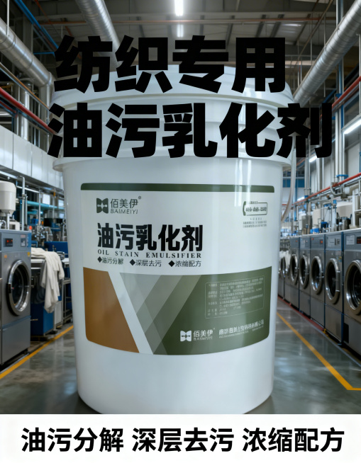 [第1张主图] 佰美伊油污乳化剂产品首图，用于商业纺织洗涤厂，简约风格，产品外观和原图保持一致。白色塑料桶产品放在现代化工业洗涤厂车间场景中，专业干净的生产环境，产品居中占据画面主体位置，柔和工业自然预览效果