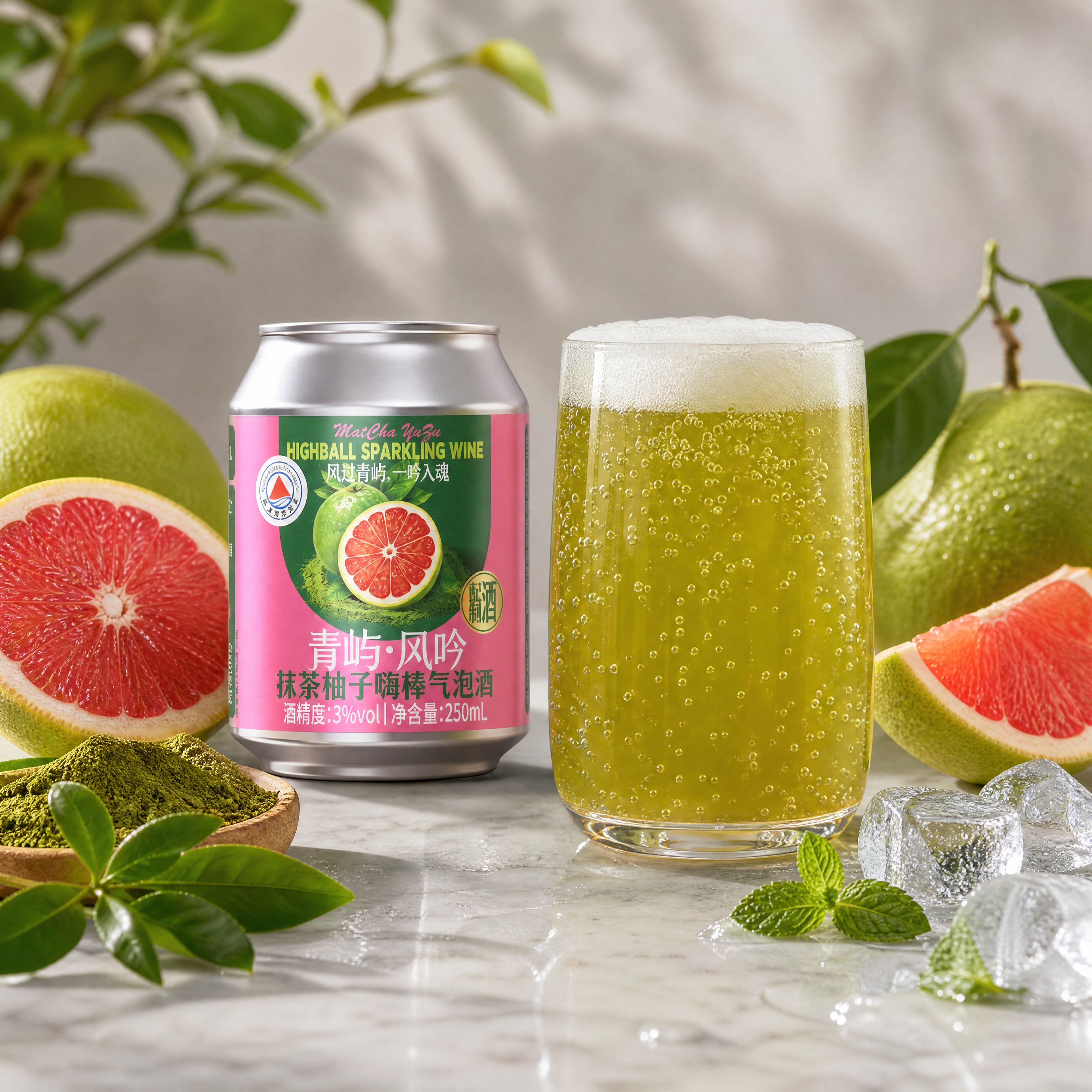 清新自然的原料展示场景。浅灰色大理石台面上，左侧放着一罐青屿·… - 图片创意预览