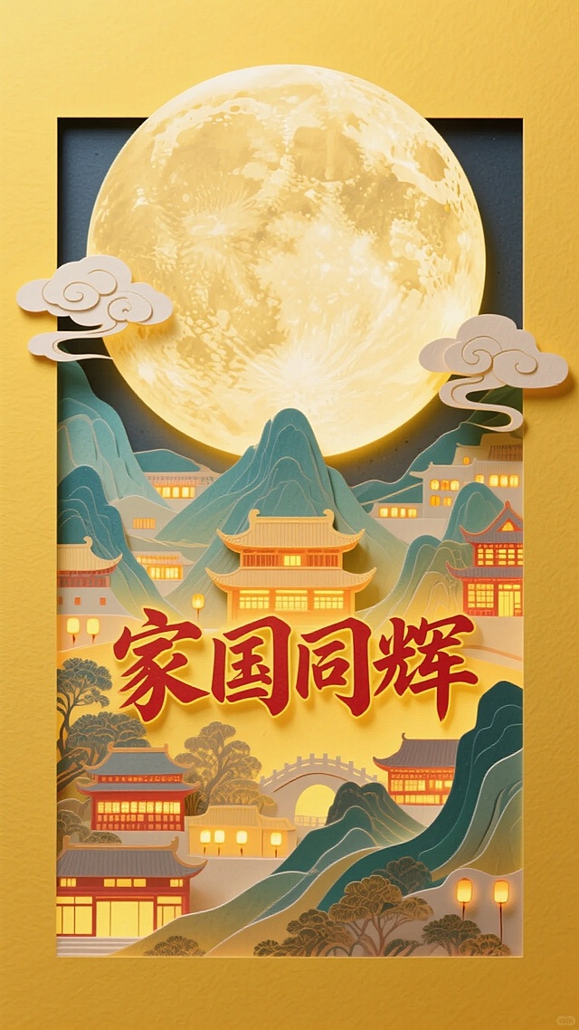 撕纸风与剪纸风融合，中式古典建筑层叠于山水之间，满月高悬，光影交织，营造出喜庆温馨的国潮视觉，传递中秋家国同辉的梦幻意境。