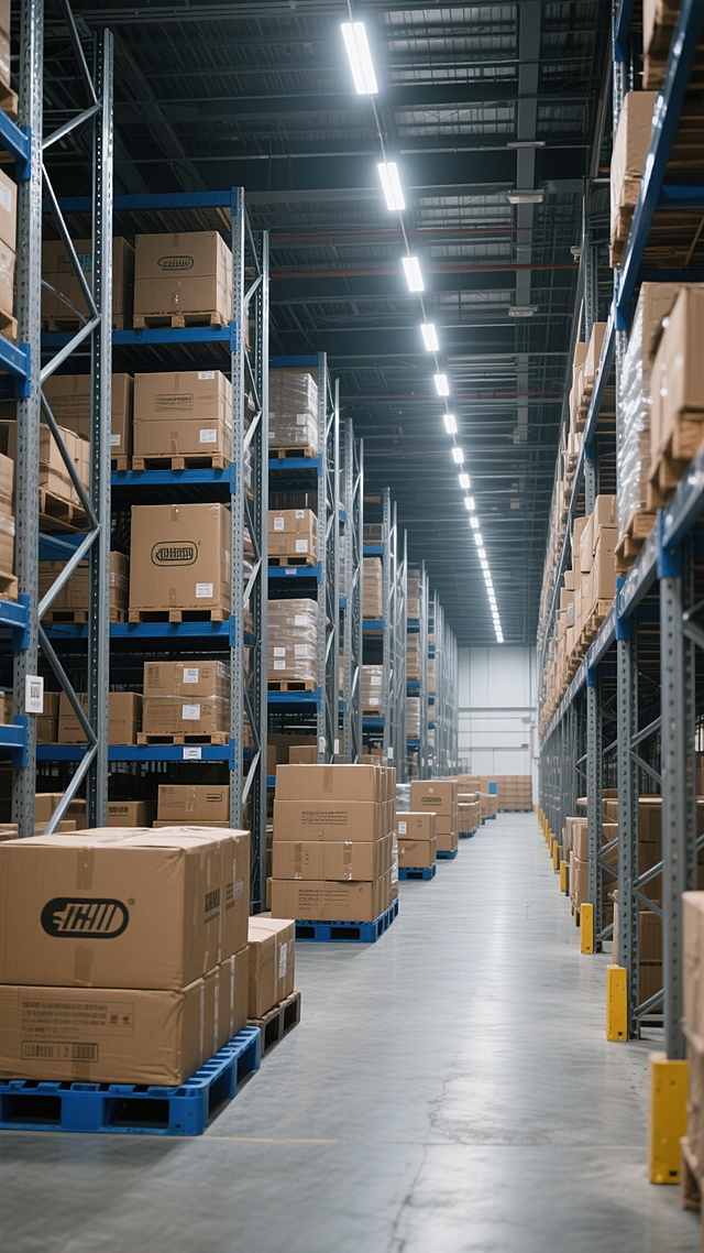 高写实主义摄影风格，现代物流仓库内部场景，不同样式的仓库布局设计，金属框架结构的高货架整齐排列，货架上堆满各种规格的棕色纸箱，部分纸箱印有不同品牌标识，地面为灰色水泥地，蓝色托盘承载货物，仓库顶部装有多排明亮的白色LED照明灯，光线均匀照亮整个空间，营造出高效、有序、专业的仓储氛围，画面具有清晰的纵深空间感，细节丰富，色彩以工业灰、金属蓝和纸箱棕为主色调，整体呈现出真实、严谨的纪实感。