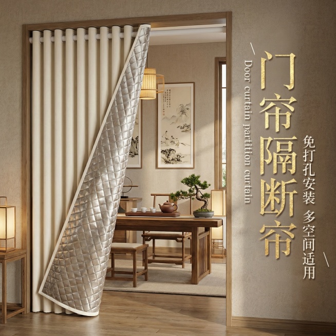 保留这款夹棉门帘的面料材质，将场景切换为新中式风茶室，调整门帘展示角度，保留“门帘隔断帘 免打孔安装 多空间适用”文字，风格适配沉稳雅致的茶室氛围预览效果