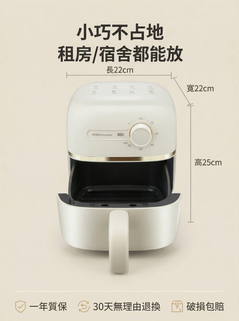[垫图]用户上传的米色荣事达迷你空气炸锅产品图；[主图主题]空气炸锅尺寸与服务说明；[氛围/风格]简约明亮奶油风，干净通透，简洁稳重；[画面元素]空气炸锅居中放置在浅米色纯色背景上，完整展示正面外观，预览效果