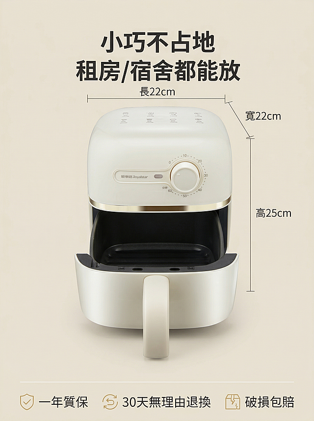 [垫图]用户上传的米色荣事达迷你空气炸锅产品图；[主图主题]空气炸锅尺寸与服务说明；[氛围/风格]简约明亮奶油风，干净通透，简洁稳重；[画面元素]空气炸锅居中放置在浅米色纯色背景上，完整展示正面外观，极细的标注线引出长宽高尺寸：“长22cm × 宽22cm × 高25cm”，标注线指向对应位置；背景铺满全屏无边框；[配色色系]主色调：奶白、浅米黄；辅助色：深灰、浅金；[视角构图]正面平视，景深清晰；[文字版式]顶部主标题“小巧不占地 租房/宿舍都能放”，粗体深灰色字；底部通栏横向排列三个服务图标+文字：“✓ 一年质保 ✓ 30天无理由退换 ✓ 破损包赔”，白色无衬线字，图标为线性浅金色；所有文字直接悬浮于背景，无多余底框，不遮挡产品主体；[比例分辨率]3:4比例，2K分辨率