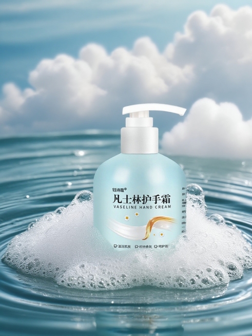 把主体放在一个微观生态小岛上，周围是绵密泡沫、水波纹、花，云朵，泡沫肌理明显。静物摄影，柔和的自然光线。一键换背景，电商商品图预览效果