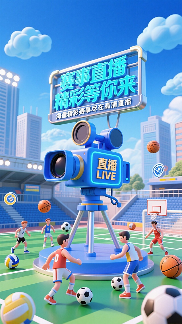 画面以巨型蓝色 “直播LIVE” 摄像机造型装置为视觉核心，上方立着 “赛事直播 精彩等你来” 金属标题牌，搭配蓝色电光标注 “海量精彩赛事尽在高清直播”。场景里，几位卡通足球运动员踢足球着穿梭，其中也有篮球运动员打着篮球，周围分布着篮球、足球符号、排球，背景是充满体育球场风的都市建筑和蓝色游白云的天空。