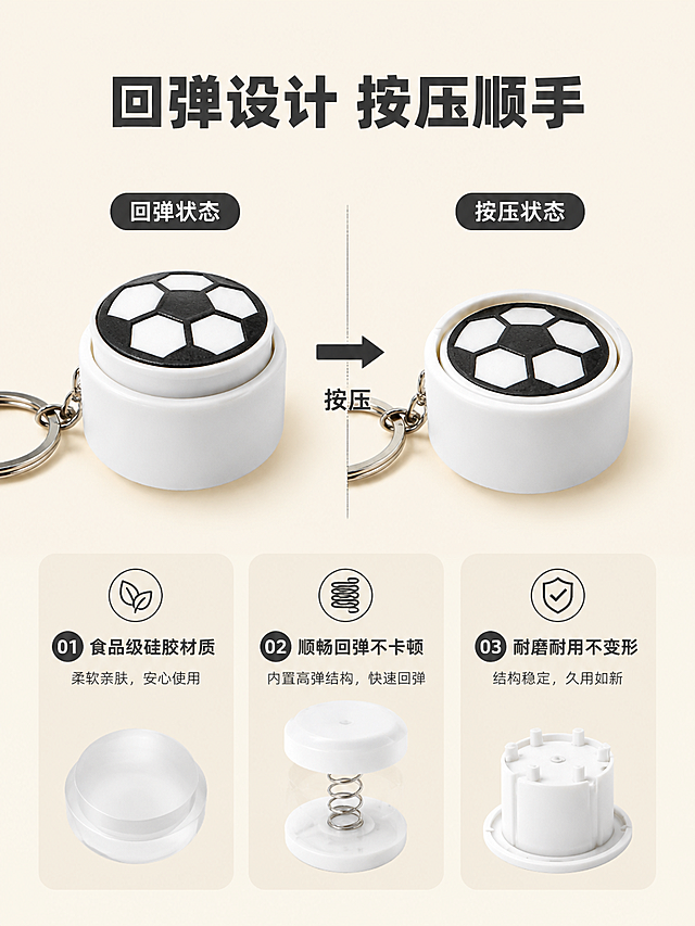 [第5屏] 结构解析-按压回弹设计细节展示。
[氛围/风格] 结构清晰，原理直观，专业电商解析风格。
[元素布局] 画面主体展示单个解压按键按压前后对比，左侧为回弹状态，右侧为按压状态。产品选择足球款，保持颜色图案材质和原图一致。中间用箭头指示按压动作，下方三个标注点分别说明核心结构。背景统一浅米色，整体无边框满铺。
[光影质感] 均匀布光，结构清晰，明暗对比合适，产品材质展示真实。
[配色色系] 全局底色：#F5F0E6（浅米色）；主体配色保留产品原有黑白配色；文字#333333，标注线#666666。
[视角构图] 正面平视，左右分栏对比布局，底部标注区，结构清晰明了。
[文字版式] 顶部主标题“回弹设计 按压顺手”，粗体深灰色居中。三个底部标注分别为：“食品级硅胶材质”、“顺畅回弹不卡顿”、“耐磨耐用不变形”，每个标注配小图标，左对齐排列。
[比例分辨率] 3:4竖版比例，2k分辨率，文字清晰可辨，超高清。
[负向提示词] 产品结构错误，对比模糊，文字错乱，背景杂乱。