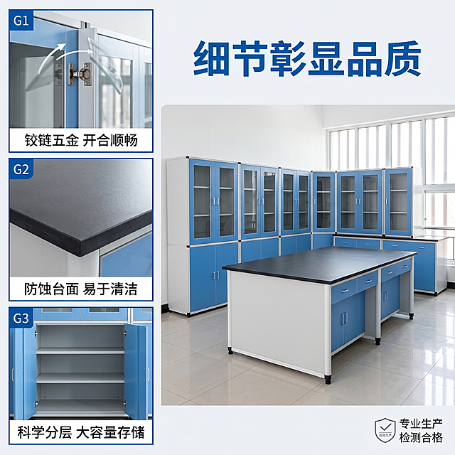 [主图-2] 实验室准备室家具核心优势展示。
[氛围风格] 专业清晰现代风，整体简洁干净，和首图风格光影统一。
[画质] 商业摄影质感，光线明亮通透，产品清晰真实，画面干净高级。保持蓝白配色和产品结构与原图一致，精细化处理，清理杂物污渍，杜绝变形色差。画面满屏无边框。
[元素] 采用左侧三宫格细节特写+右侧大标题卖点布局。左侧三宫格从上到下分别展示：第一格玻璃柜门五金铰链开合细节，第二格实验台加厚耐污桌面特写，第三格分层储物空间内景。右侧放置产品全景展示。保持产品外观物理结构材质颜色与输入产品图绝对一致。
[光影] 明亮均匀的室内自然光，和首图光影调性统一，纹理细节清晰，层次分明，没有死黑阴影。
[配色] 延续蓝白为主色调，浅灰背景衬托，三宫格用细蓝框分隔，清晰干净。
[视角构图] 左侧细节展示，右侧主体说明，构图平衡，产品信息层级清晰。
[文字版式] 右侧顶部居中大字主标题“细节彰显品质”，蓝色粗体。每张细节图下方标注卖点短句：图一“铰链五金 开合顺畅”，图二“防蚀台面 易于清洁”，图三“科学分层 大容量存储”，深色字体清晰易读，不遮挡产品细节。右下角放置小字认证“专业生产 检测合格”。
[比例分辨率] 1:1比例，2k分辨率，文字清晰可辨，超高清画质。
[负向提示词] 变形，水印，文字错乱，产品模糊，背景杂乱，脏乱杂物，污渍，配色刺眼，遮挡主体
