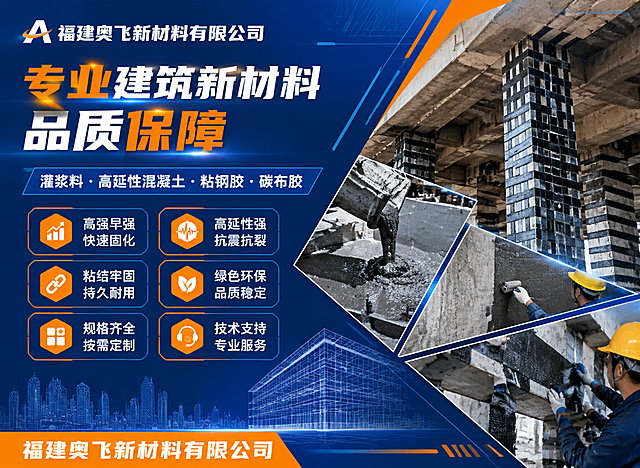 一张工业科技风格的新材料公司宣传海报，520×380横版构图，深蓝色与橙色搭配，专业大气。左上角放置公司名称："福建奥飞新材料有限公司"，字体醒目。主标题大字："专业建筑新材料 品质保障"，副标题："灌浆料·高延性混凝土·粘钢胶·碳布胶"。画面右侧展示建筑加固、混凝土施工、结构补强等工业场景，体现新材料的专业应用。画面中部左侧排列6条核心优势："高强早强 快速固化"、"高延性强 抗震抗裂"、"粘结牢固 持久耐用"、"绿色环保 品质稳定"、"规格齐全 按需定制"、"技术支持 专业服务"。底部仅显示公司名称。整体风格工业科技、专业可靠，背景搭配几何线条、建筑结构元素，突出新材料的技术感与品质感。不带电话、地址、网址。版式精美，文字清晰可读，四周留有安全边距。画面中所有信息区域必须填充完整合理的内容，不得出现空白框或占位。画面中所有数字必须精确渲染，不得错位、遗漏或编造。