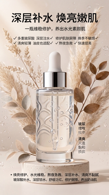 玻尿酸保湿修护精华液宣传海报，更强设计感ins风，丰富画面细节，保留所有文案文字正确无误：主标题"深层补水 焕亮嫩肌"，副标题"一瓶维稳修护，养出水光素颜肌"，卖点小字"✅ 多重玻尿酸 深层注水✅ 修预览效果