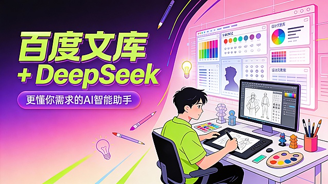 这是一张融合科技与创意设计人文的 AI 产品宣传图，采用左文右图版式。左侧以霓虹紫到浅粉的潮流渐变背景，衬托巨大的荧光绿立体字 “百度文库 + DeepSeek”，下方是紫色圆角按钮，内写 “更懂你需求的 AI 智能助手”，字体个性张扬。右侧描绘一位年轻的设计师，坐在充满创意的工作台前，手持数位板绘制设计稿，桌上摆放着手绘板、色彩样本与模型摆件，屏幕显示设计灵感库与素材模板；背景是巨大的可视化创意数据墙，包含色彩光谱、字体样式、设计元素库等元素，象征智能创意激发。整体色彩由左侧酷炫的霓虹紫过渡到右侧明亮的浅粉，形成潮酷的视觉引导。画面风格为现代插画风，线条夸张，色块鲜艳，光影灵动，人物与场景设计扁平化且富有艺术感。背景点缀简约的画笔、调色盘、灯泡剪影，增添创意与灵感感，旨在传达产品 “智能赋能、创意无限” 的核心价值，适用于设计师、创意工作者群体的 AI 工具推广。