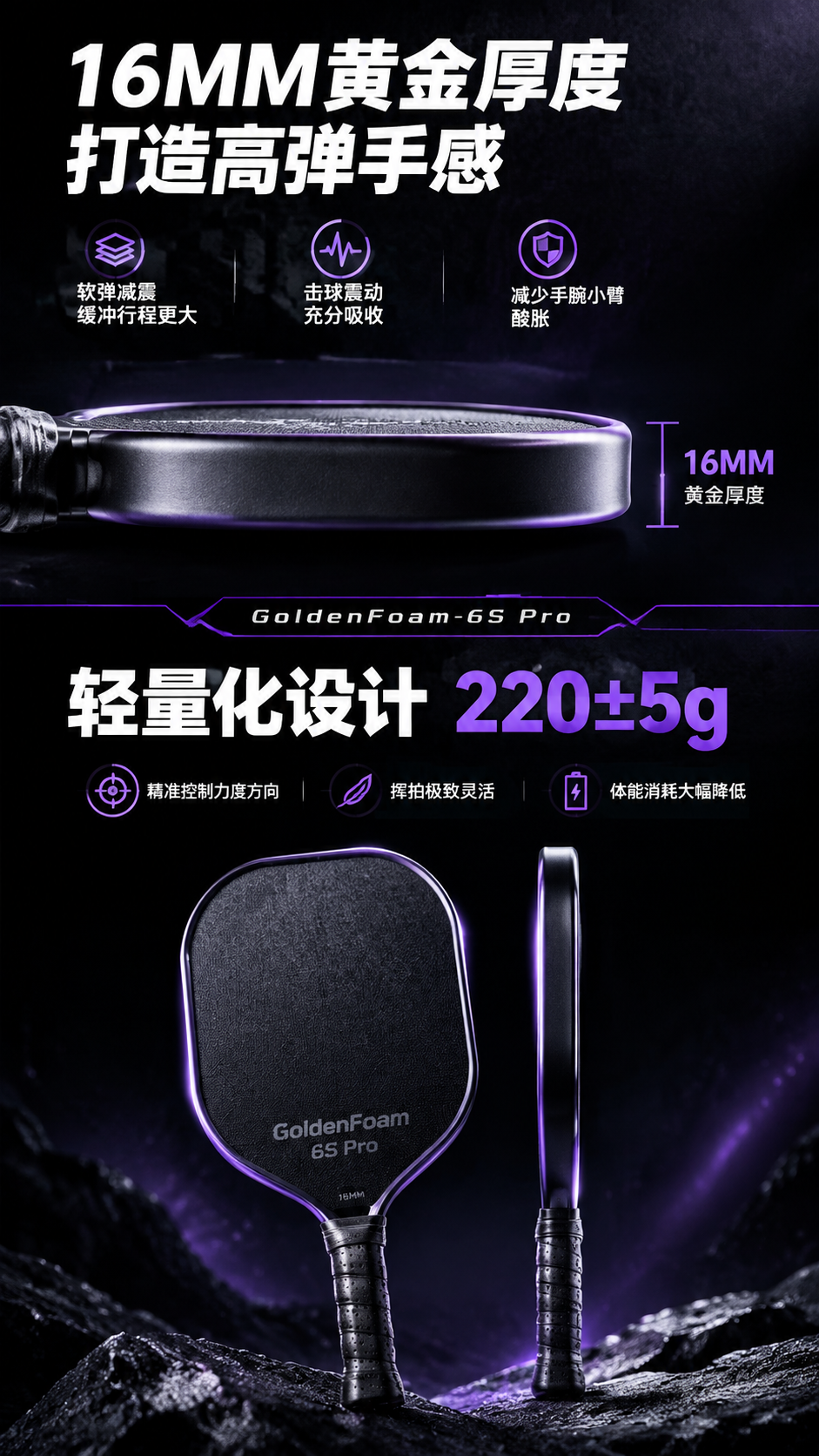 [商品] GoldenFoam-6S Pro 匹克球拍侧视与正… - 图片创意预览