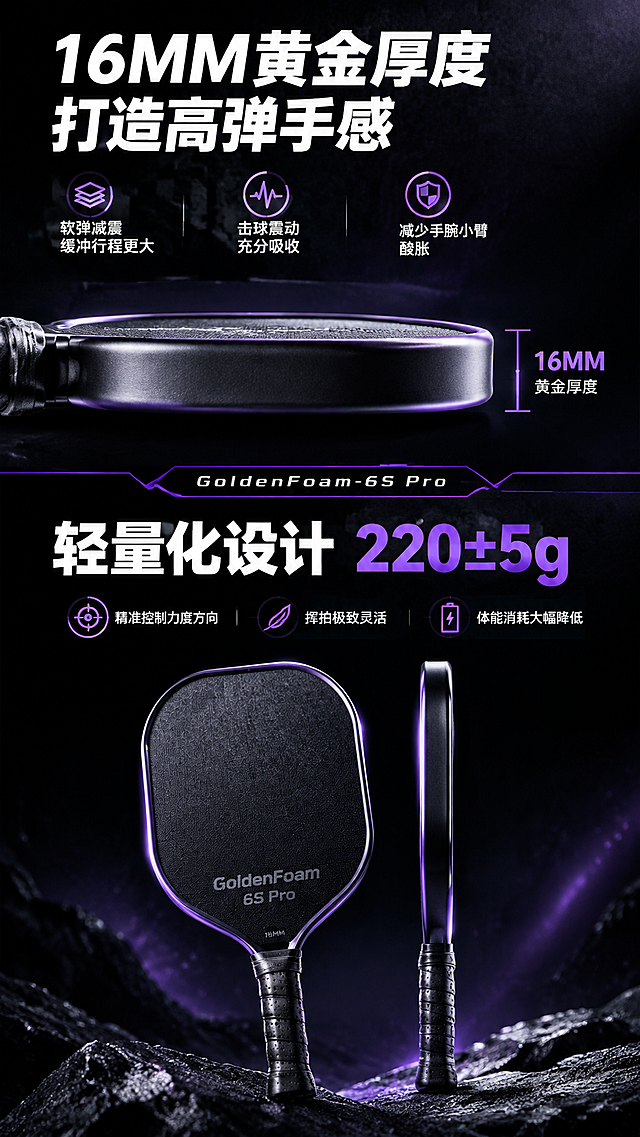 [商品] GoldenFoam-6S Pro 匹克球拍侧视与正视组合，侧视展示16MM厚度剖面边缘，正视展示完整拍面，黑色布纹磨砂表面，保留真实厚度比例
[画面] 厚度与轻量化页，上下双栏信息型，竖版9:16构图，上半部分球拍侧视厚度特写占45%，下半部分轻量化概念展示占45%，中间标题分隔，阅读动线从上至下，前景厚度细节微距清晰，中景球拍主体，远景黑色空间
[视觉] 套系策略：风格=3C运动电商高级质感3D超写实渲染；标题字=现代粗黑体无衬线；正文字=简洁无衬线黑体；主色=邃黑色；背景延展=深邃纯黑空间渐变，由中心向四周暗下去，带细微颗粒质感；强调色=深紫色，仅用于小面积环境光、光晕、图标引线和局部高光点缀；标题色=纯白色；正文色=浅灰白色；组件=细线引线、极简数据卡片、几何切割信息块；光影=高对比度电影级布光，硬光侧逆主光源，左侧强侧光勾勒轮廓，右侧弱补光，紫色环境光从底部和背面溢出，产品表面反光真实锐利，材质细节丰富，焦外轻微景深，氛围感强烈，画面厚重充满力量感。
[文字] 上部主标题"16MM黄金厚度 打造高弹手感"，白色粗体；下方卖点："软弹减震 缓冲行程更大"、"击球震动充分吸收"、"减少手腕小臂酸胀"，配数据图标；下部主标题"轻量化设计 220±5g"，白色粗体；下方卖点："精准控制力度方向"、"挥拍极致灵活"、"体能消耗大幅降低"，白色文字横向排版，紫色数字高亮
[规格] 图片比例9:16竖版，8K超清，负向提示：避免变形、错字、文字过小、模糊、白底、彩色、卡通风格、低分辨率、厚度比例失真