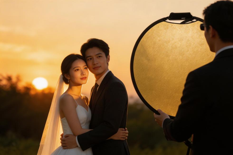 电影感婚纱照，外景拍摄现场，夕阳黄金时刻，摄影师使用大型金色反光板为新郎新娘补光，柔和的反射光打亮人物面部，眼神光清晰可见，背景自然虚化，温暖的逆光氛围，侧拍视角，纪实摄影风格，专业摄影器材，高清画质预览效果