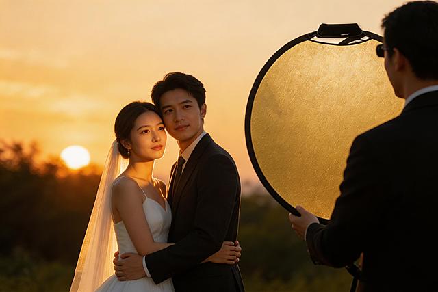 电影感婚纱照，外景拍摄现场，夕阳黄金时刻，摄影师使用大型金色反光板为新郎新娘补光，柔和的反射光打亮人物面部，眼神光清晰可见，背景自然虚化，温暖的逆光氛围，侧拍视角，纪实摄影风格，专业摄影器材，高清画质，8k分辨率，皮肤质感自然，浪漫色调