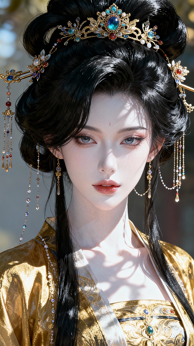 古典中式美人，鎏金华服配精致发饰，3D重拟物风格展现奢华唯美感，金属光泽与细腻纹理交织，尽显优雅气质。