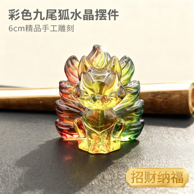 [主图 1] 彩色渐变九尾狐水晶摆件首图，产品外观与原图保持100%一致。氛围风格：精致轻奢氛围感，突出水晶通透质感。画面元素：彩色九尾狐摆件居中放置在深色哑光质感桌面上，背景为浅米色简洁墙面，后方搭预览效果