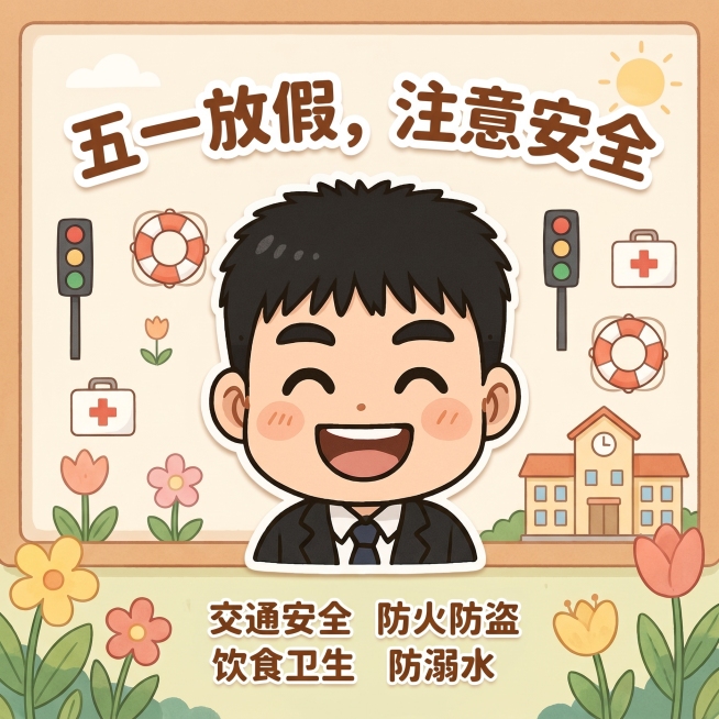 基于参考图中的男教师卡通形象，制作一张五一放假安全提示宣传图，保留人物形象，添加文案文字"五一放假，注意安全"，整体风格温馨友好，适合校园宣传预览效果