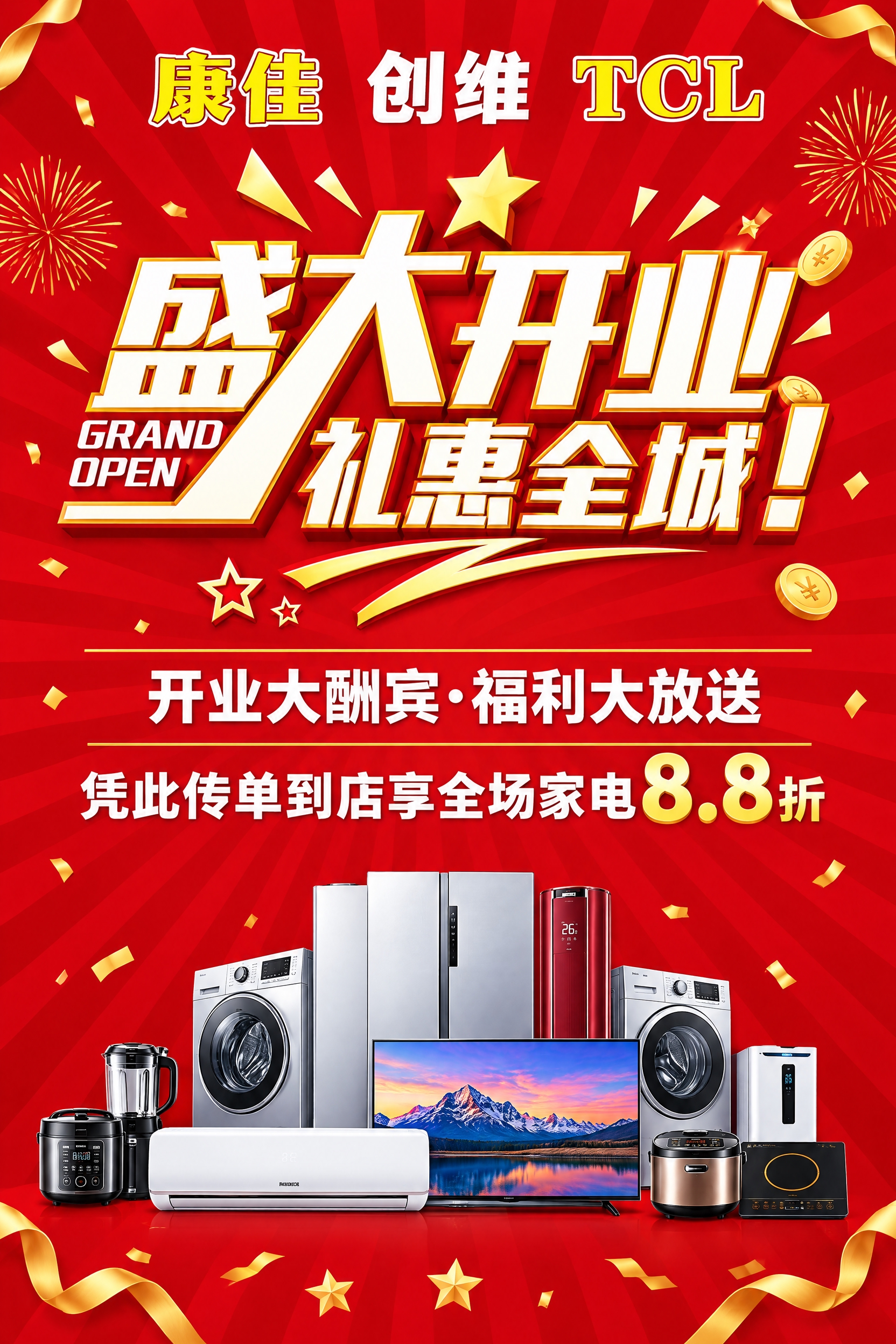 参考这张家电开业宣传单的版式与内容，重新设计一张 148×21… - 图片创意预览