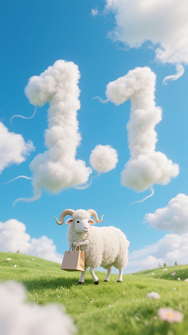 软3D风格的拟人小羊手提购物袋，站在绿意盎然的草地上，头顶云朵化作“11.11”字样，梦幻清新，充满节日购物的可爱氛围。
