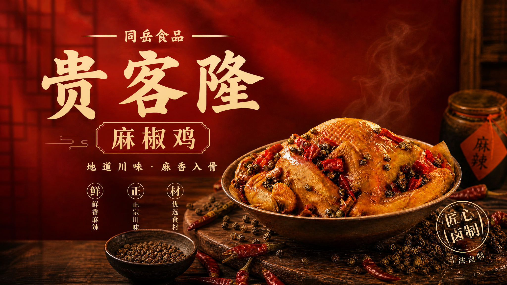 16:9横版麻椒鸡电商主图，红黄主色调背景，麻椒鸡靠右放置，偏… - 图片创意预览