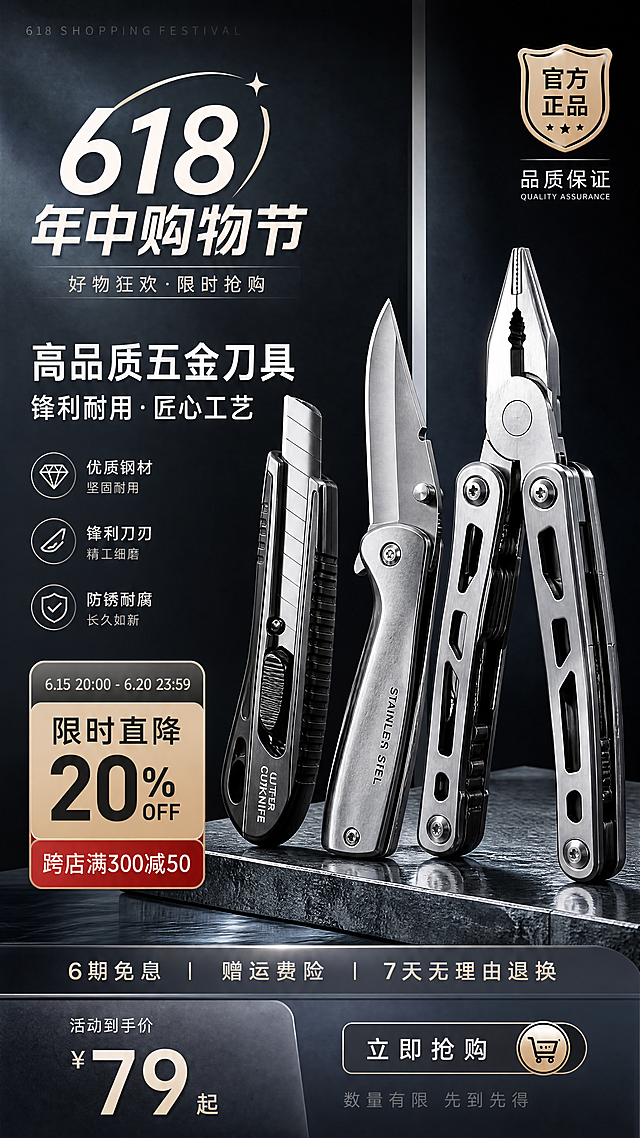 电商促销海报，618购物节主题，展示高品质五金刀具产品，金属冷冽质感，简约现代设计，官方正品标识，标注限时促销，适配小红书推广风格