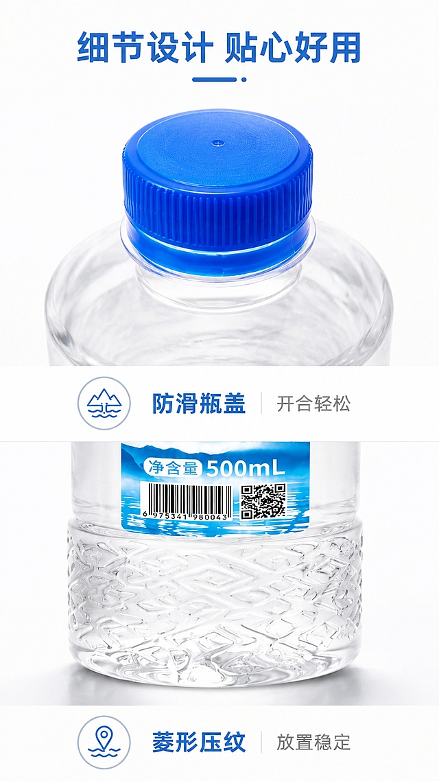 [第7屏] 包装细节-展示脉源活矿泉水瓶身设计与便携结构特点。本屏使用【图1】产品作为主体。
[氛围/风格] 细节特写质感，干净专业，突出设计用心。
[元素布局] 分上下两部分，上半部分特写蓝色密封瓶盖，展示防滑瓶盖设计；下半部分特写底部菱形压纹瓶底，展示防滑稳定结构；产品整体外观保持与原图一致，两个细节各占约40%屏宽。
[光影质感] 局部特写布光，清晰展示纹理细节，瓶盖高光突出塑料质感，瓶底压纹清晰可见。
[配色色系] 全局底色 #FAFCFD，主色蓝色瓶盖，透明瓶身，深灰文字。
[视角构图] 上下分屏，每个细节特写居中展示，清晰观察结构特点。
[文字版式] 顶部主标题「细节设计 贴心好用」，两个细节分别配文字标注「防滑瓶盖 开合轻松」「菱形压纹 放置稳定」，文字对应分置细节下方，清晰对齐。
[比例分辨率] 9:16竖版比例，4K分辨率，文字清晰可辨，高清画质。
[负向提示词] 结构变形，细节模糊，文字错位，颜色偏差