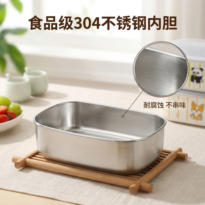 基于原图生成不锈钢饭盒电商主图，放大展示不锈钢内胆材质细节，画面：特写放大饭盒的304不锈钢内胆部分，放置在浅色木质桌面上，柔和侧逆光突出材质金属质感，背景虚化。顶部主标题“食品级304不锈钢内胆”加预览效果
