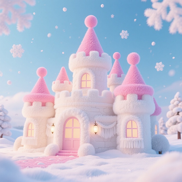 梦幻粉白雪堡，软3D毛绒质感，卡通粘土风，冬日童话城堡，温暖灯光映衬甜蜜可爱氛围。