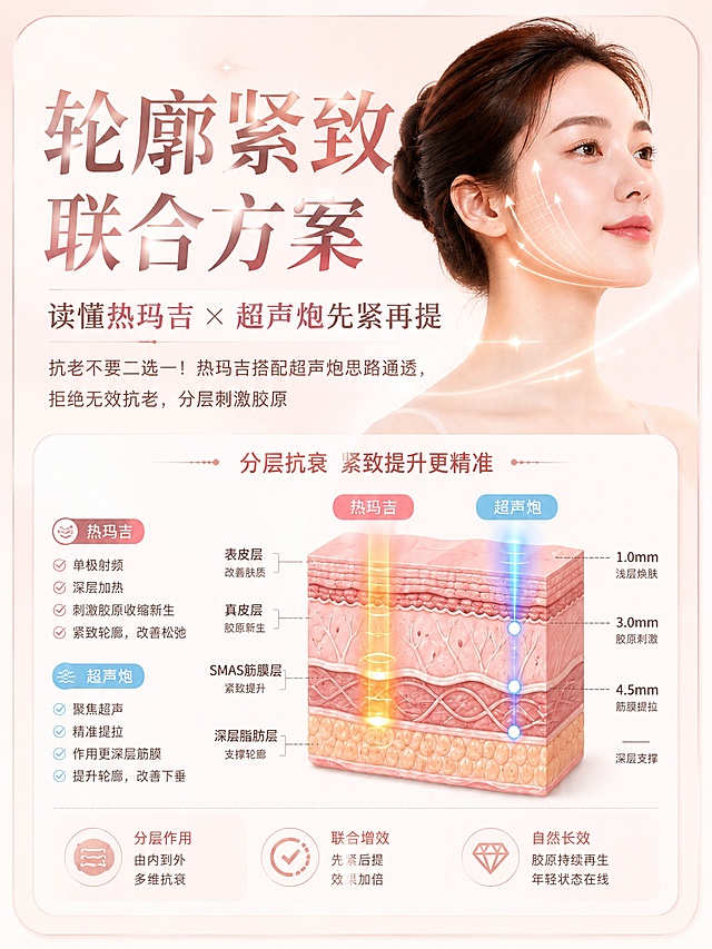 小红书医美科普封面，基于原图皮肤层次示意图灵感设计，暖粉金色调，温柔专业轻医美风格，干净留白，圆角卡片式排版。大标题放在顶部："轮廓紧致联合方案"，正文放在标题下方："读懂热玛吉 × 超声炮先紧再提"，再下方核心文案："抗老不要二选一！热玛吉搭配超声炮思路通透，拒绝无效抗老，分层刺激胶原"，右侧加入侧面女性人像和提拉箭头示意，保留皮肤层次剖面示意图展示热玛吉和超声炮的不同作用深度。不出现任何二维码、占位符、联系方式和推广推销内容，只保留专业科普文案。画面中所有文字必须清晰可读，整体版式简约大气，适合小红书封面。